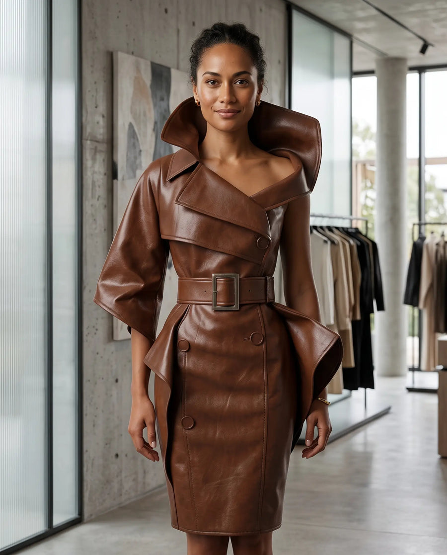 Asymmetric Belted Leather Midi Dress