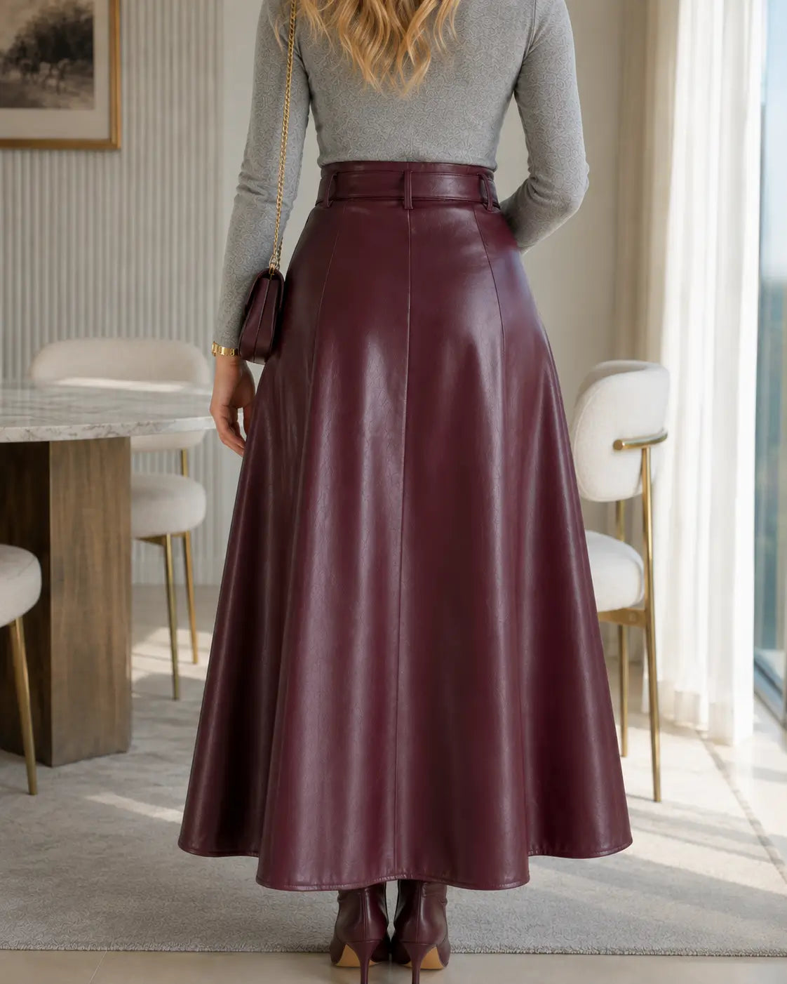 Belted A-Line Leather Maxi Skirt – view 2