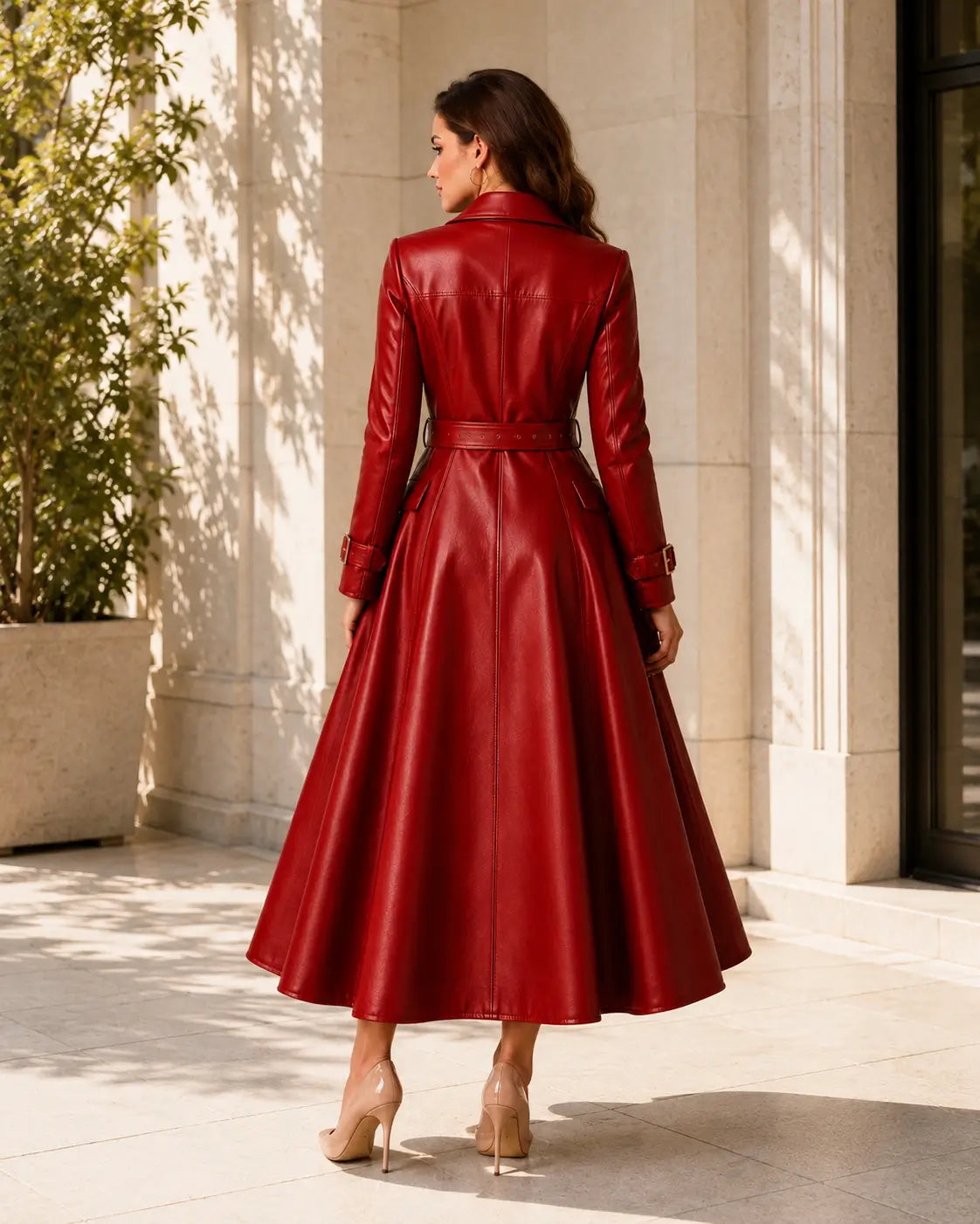 Belted Flared Leather Trench Coat – view 2