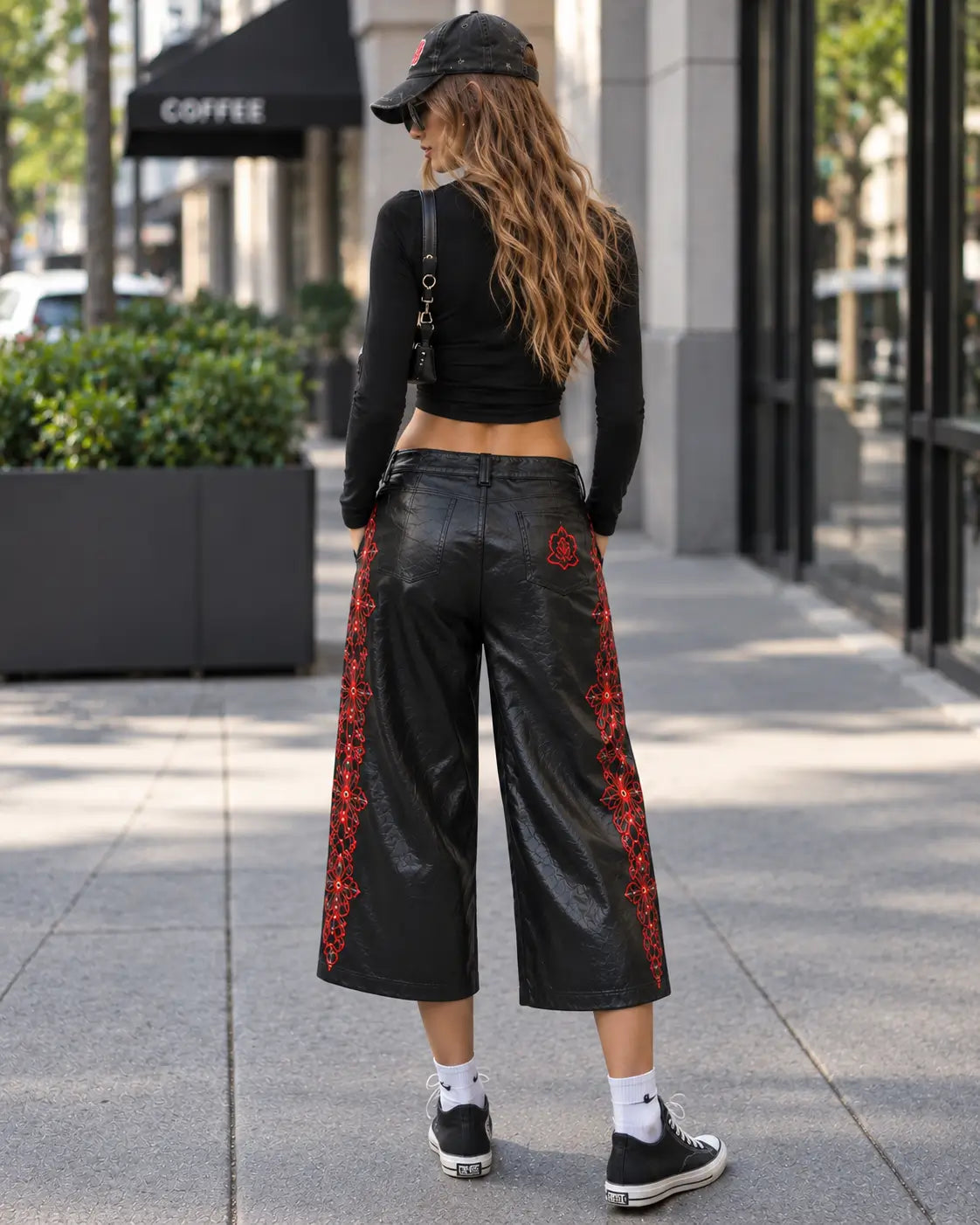 Black Floral Embroidered Leather Culottes – view 2