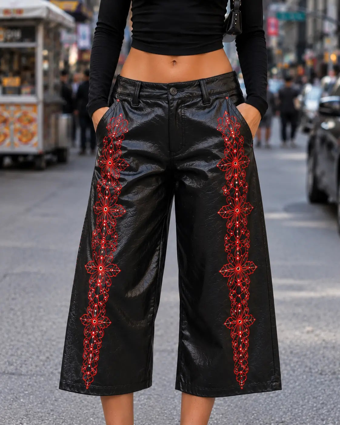 Black Floral Embroidered Leather Culottes – view 3