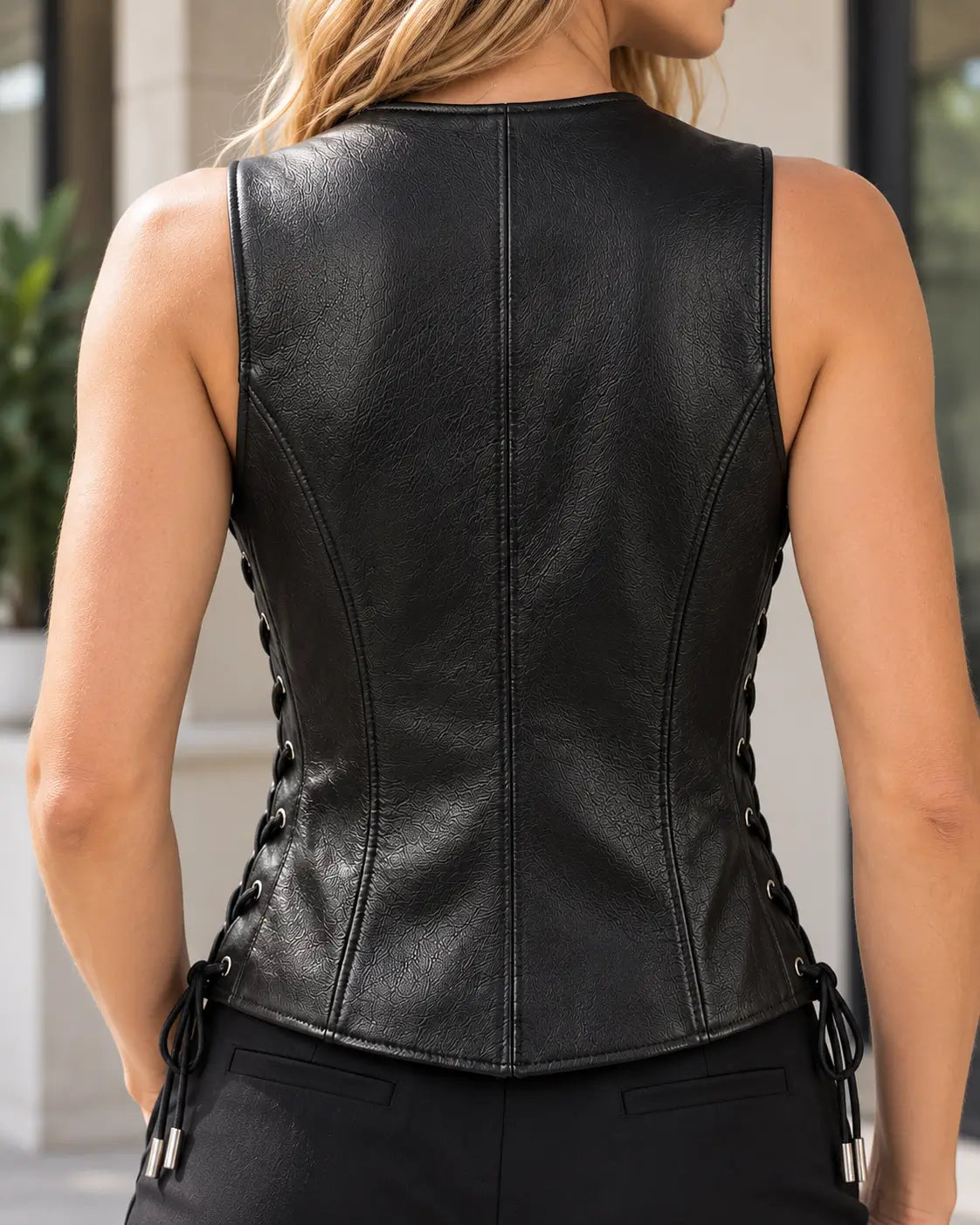 Black Side Lace-Up Leather Waistcoat – view 4