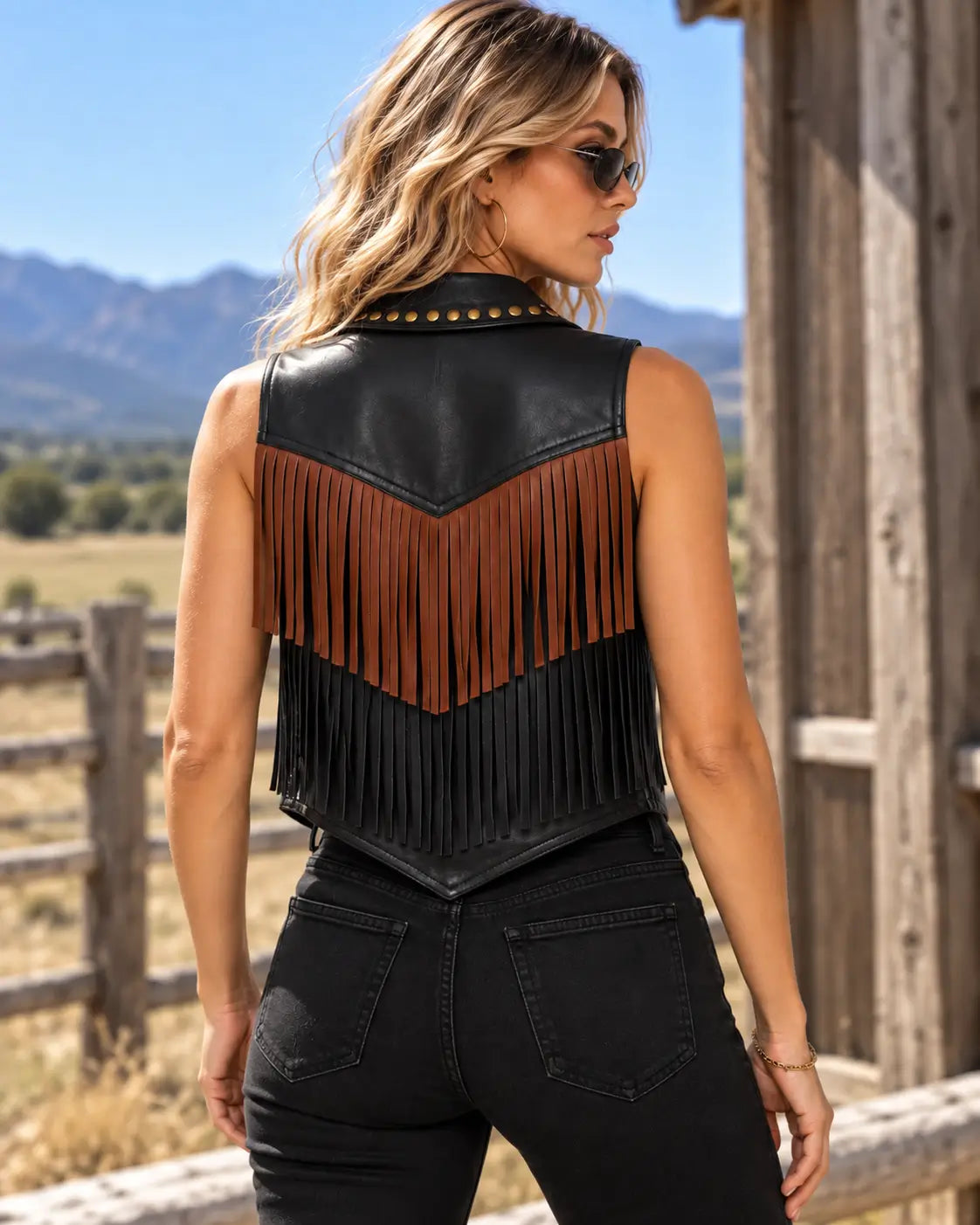 Black Studded Fringe Leather Vest – view 2