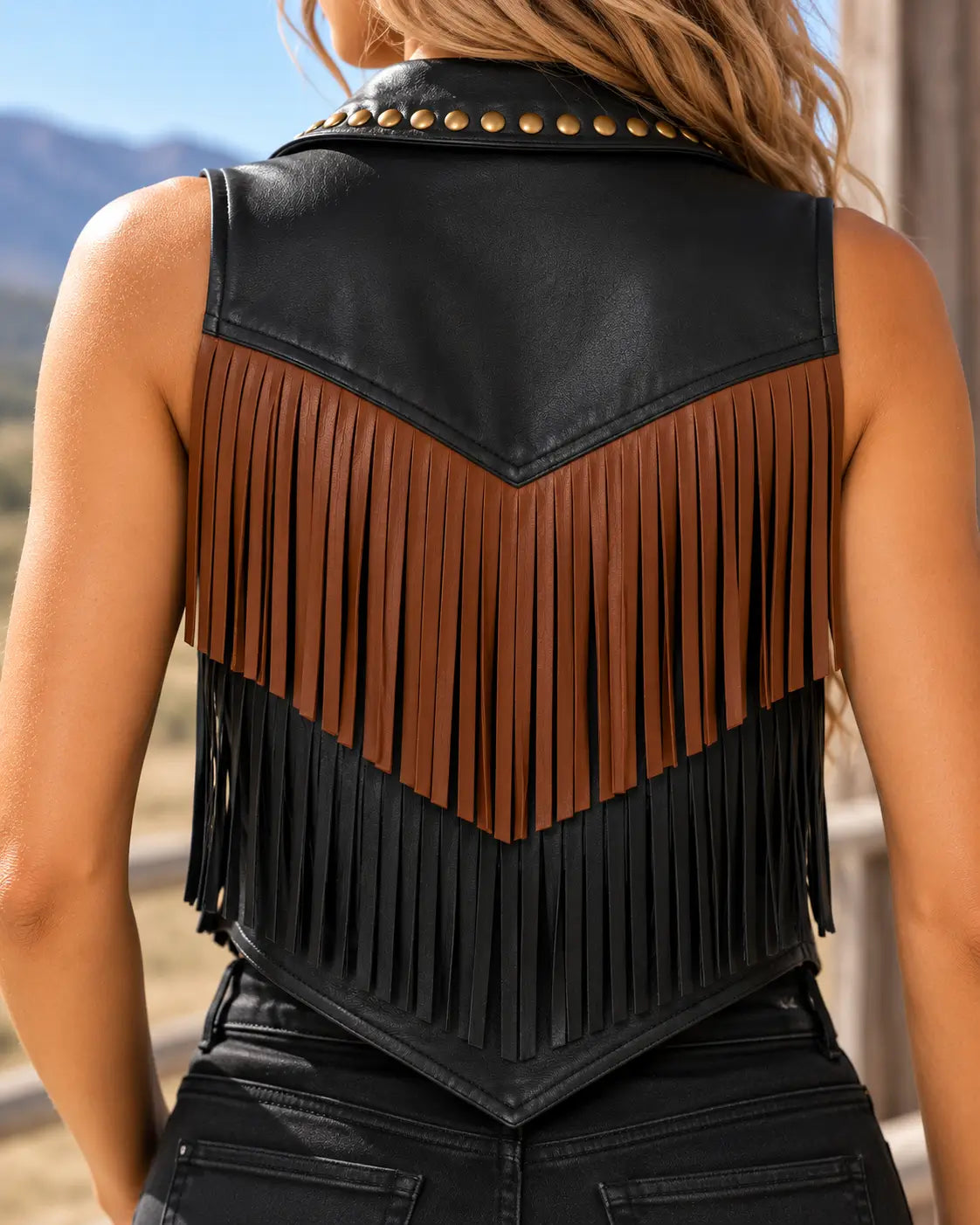 Black Studded Fringe Leather Vest – view 4