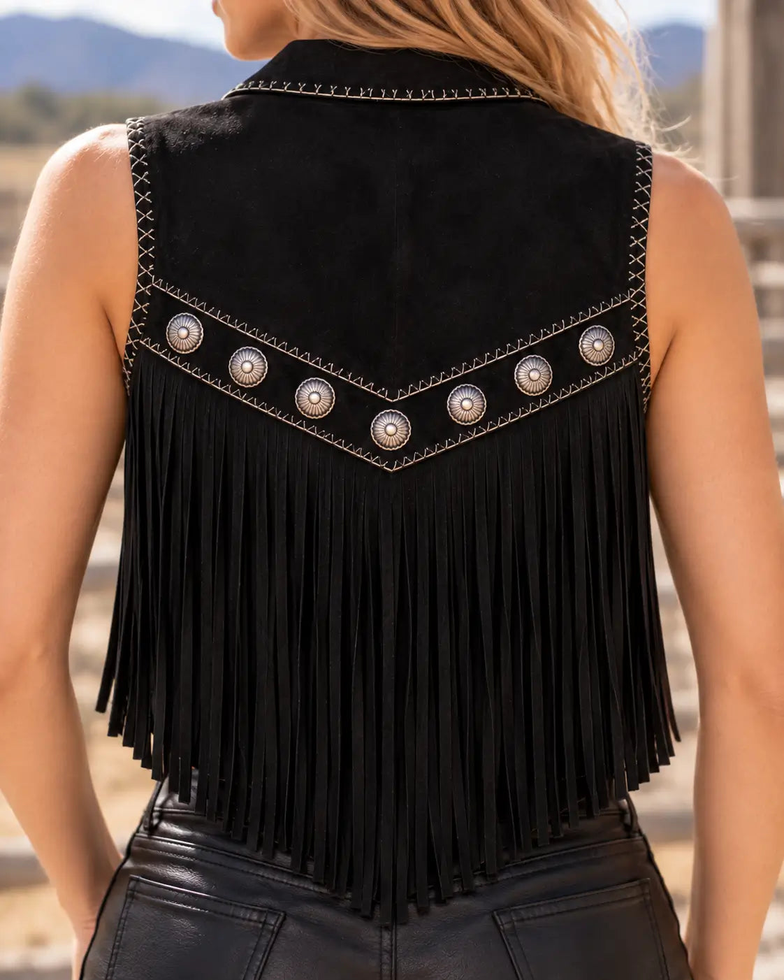 Black Western Fringe Leather Vest – view 4