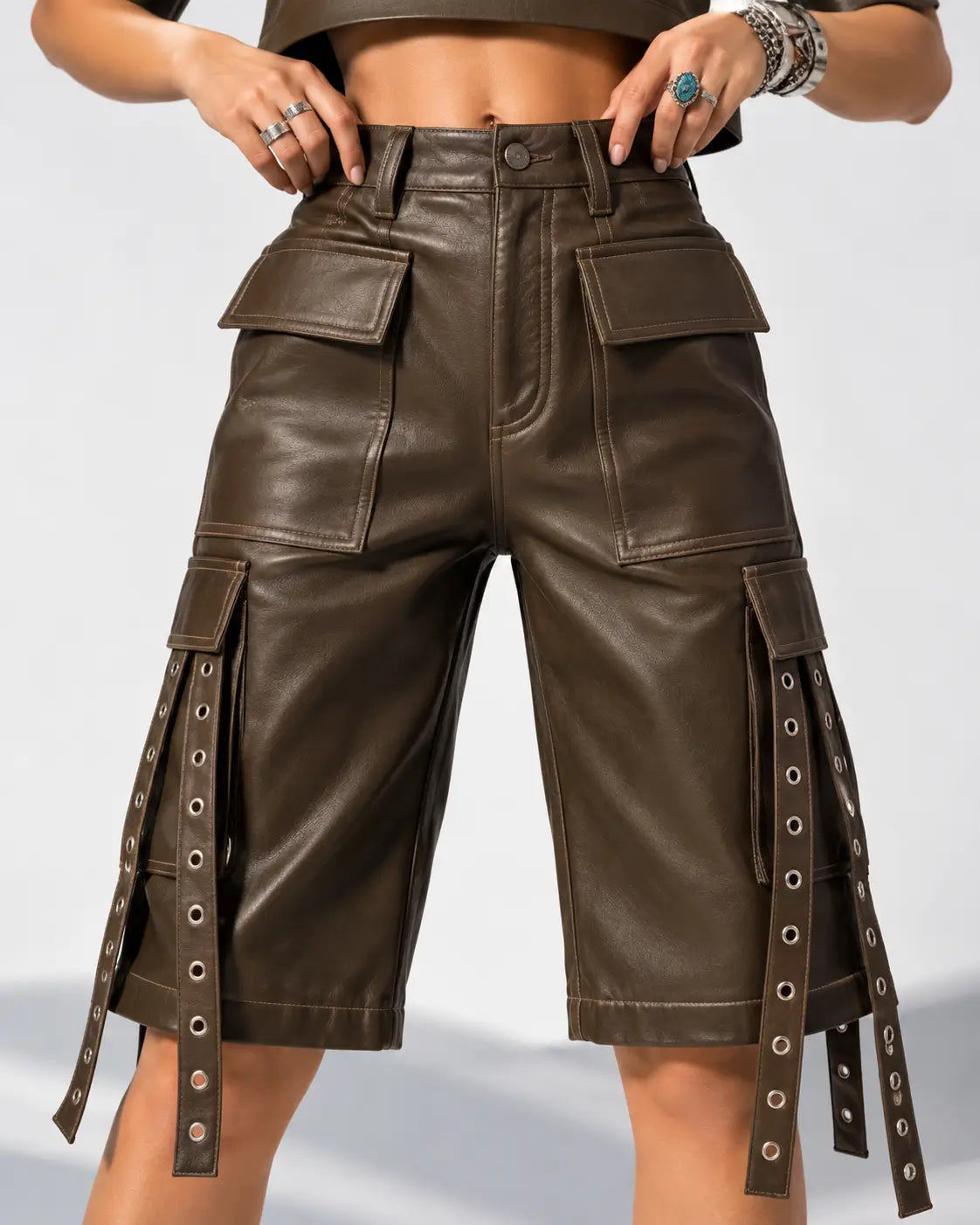 Brown Grommet Strap Leather Bermuda Shorts – view 3