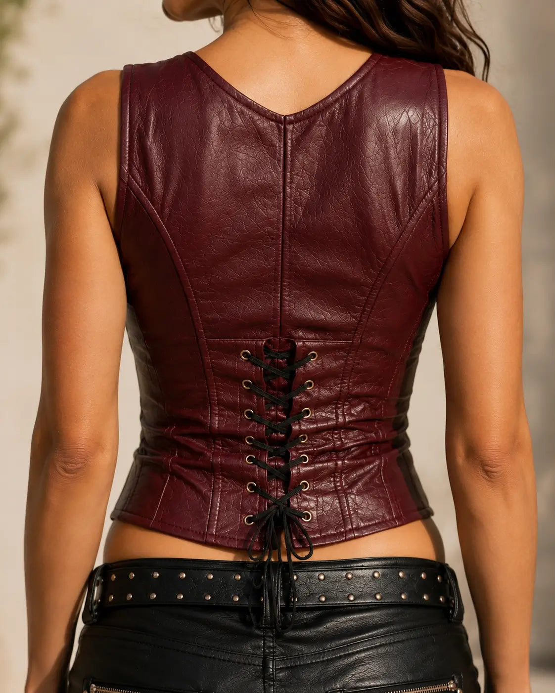 Burgundy Lace-Up Leather Corset Vest – view 4