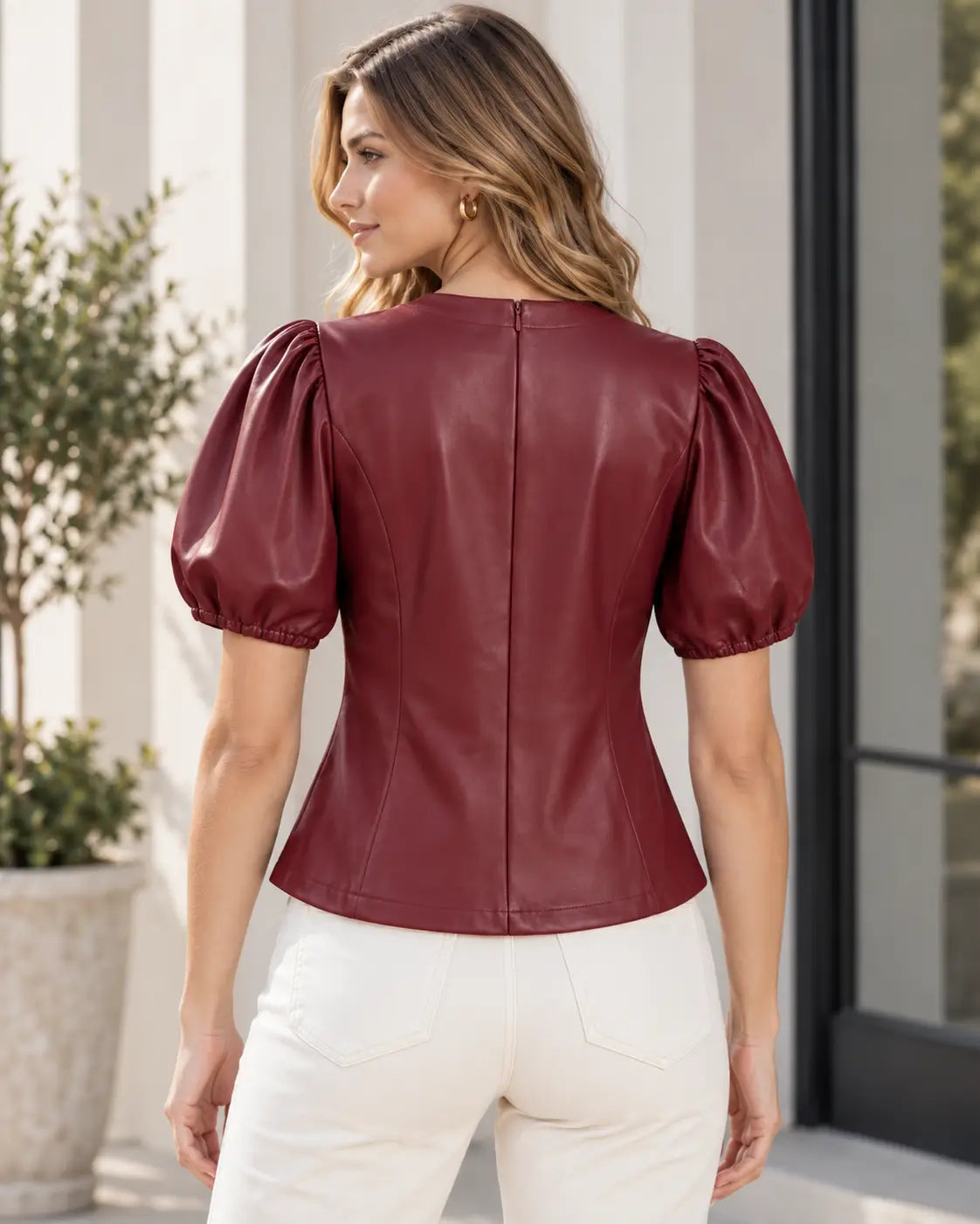 Burgundy Puff Sleeve Leather Top – view 2