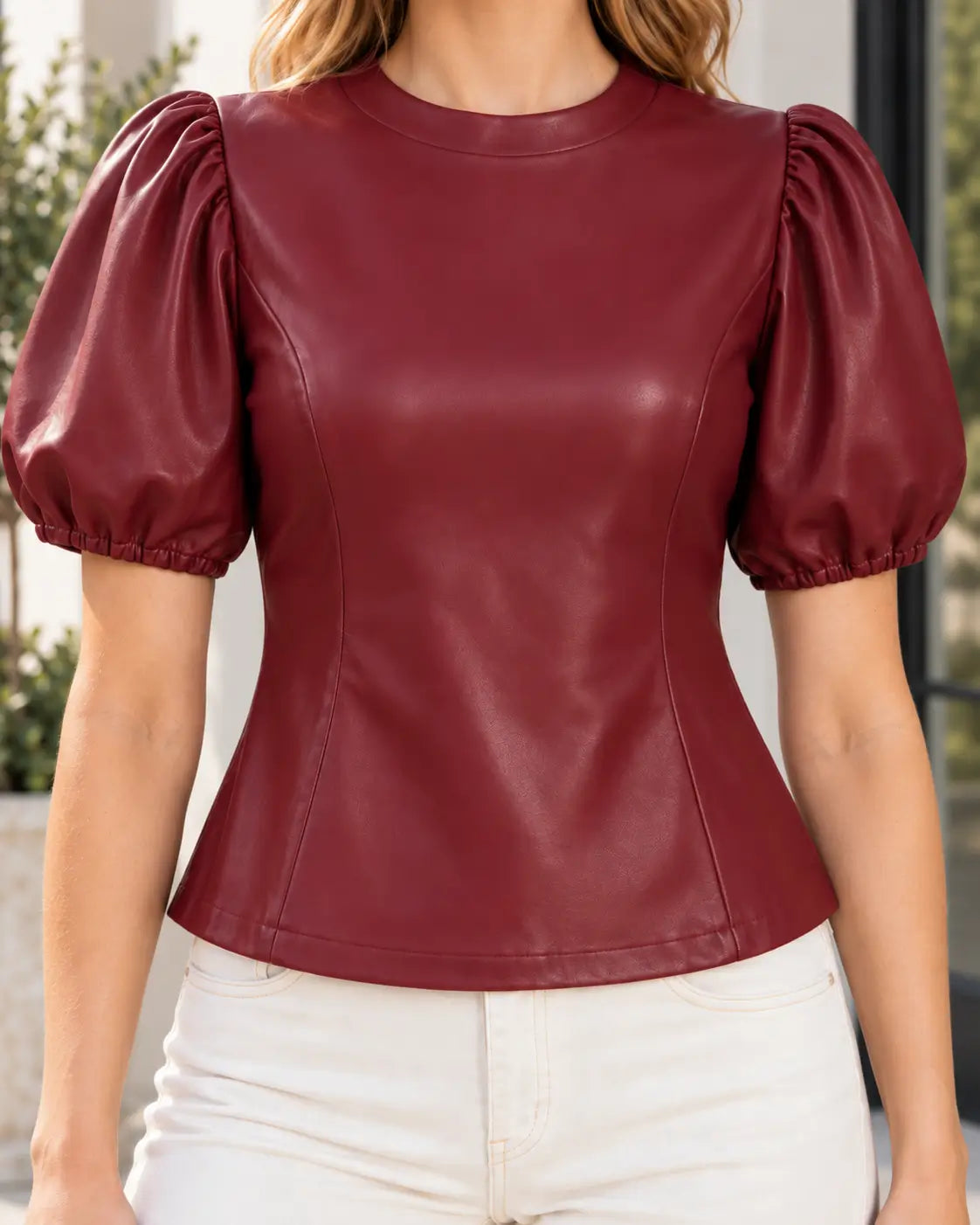 Burgundy Puff Sleeve Leather Top – view 3