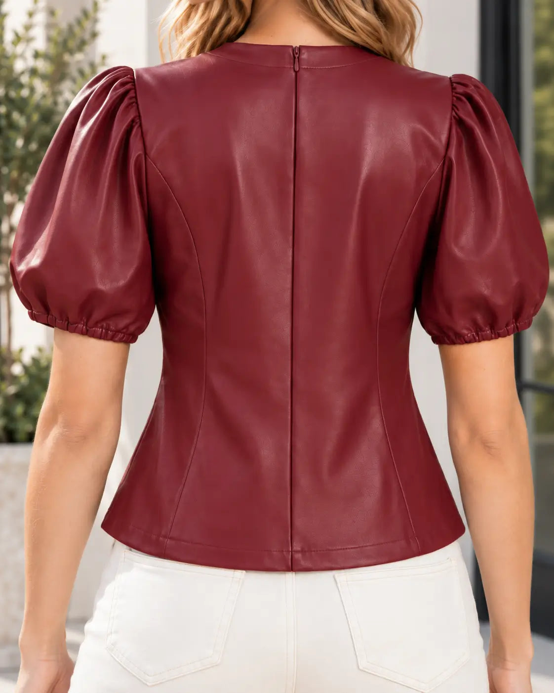 Burgundy Puff Sleeve Leather Top – view 4