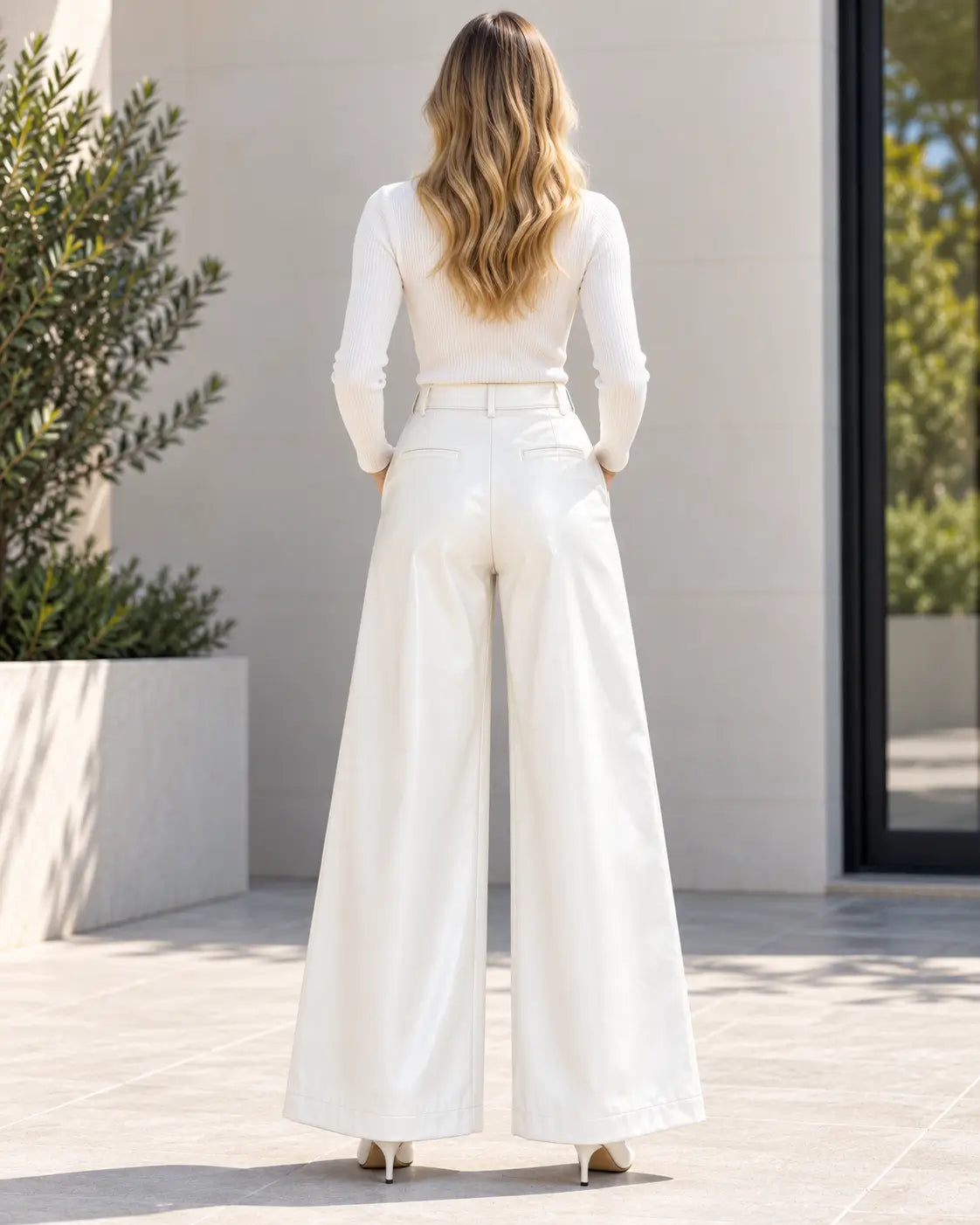 White Wide-Leg Leather Pants – view 2