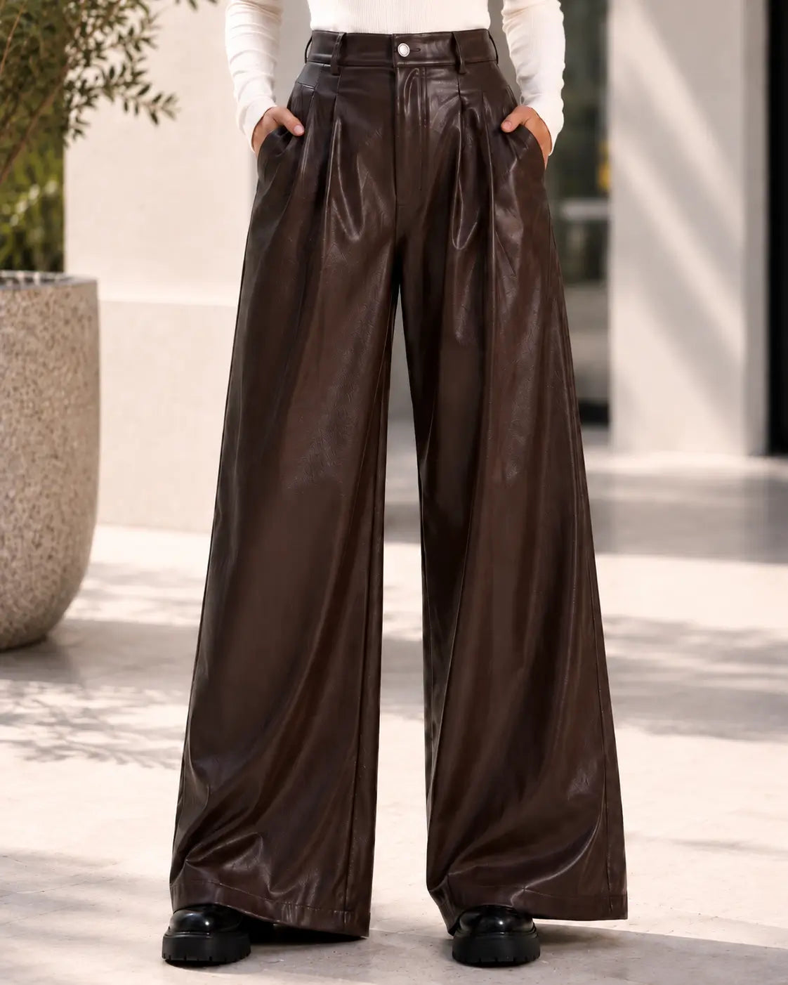 Chocolate Brown Wide-Leg Leather Pants – view 4
