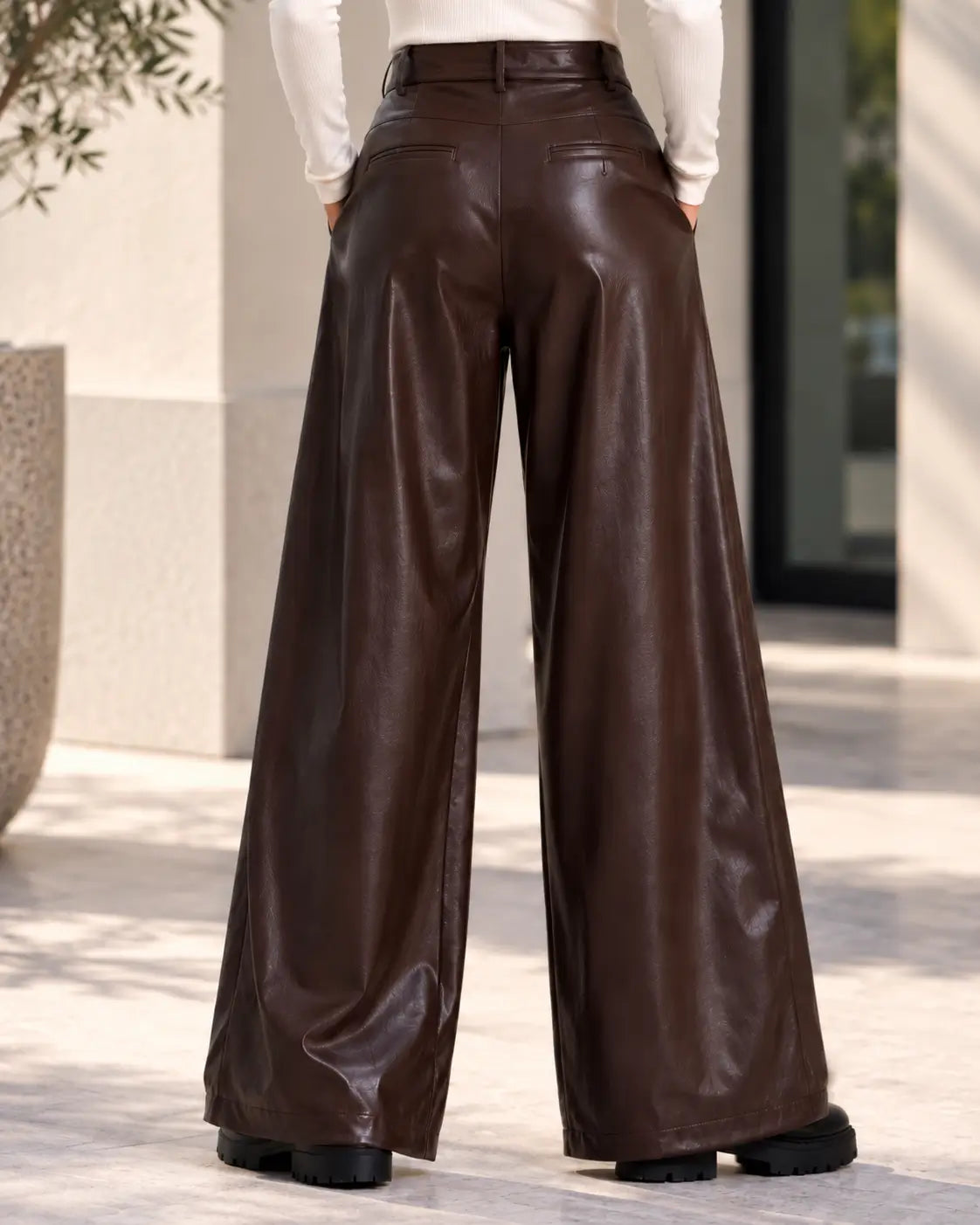 Chocolate Brown Wide-Leg Leather Pants – view 5