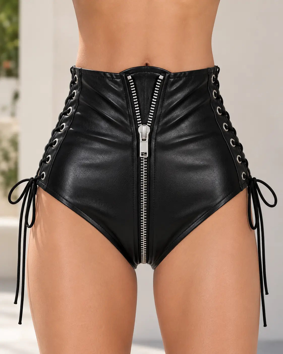 Lace-Up Zip Leather High-Waist Shorts – view 3