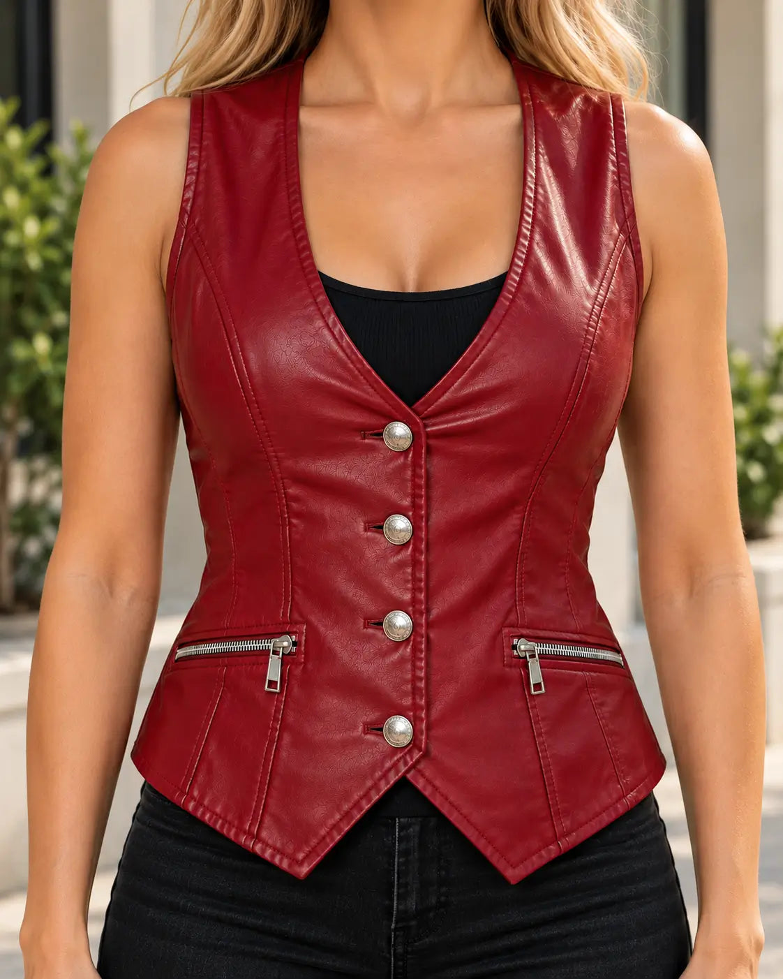 Red Buckle-Back Leather Waistcoat – view 3