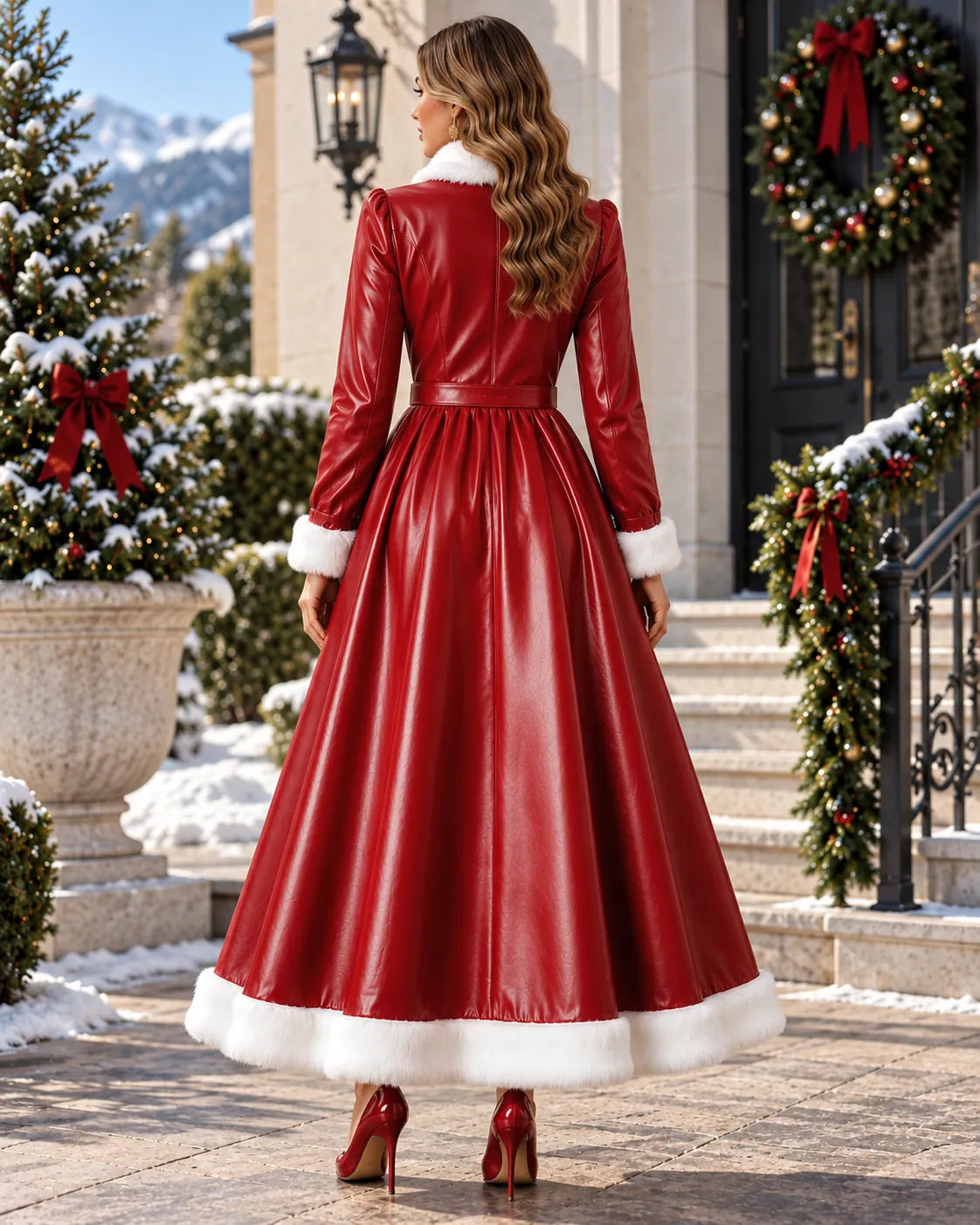 Red Christmas leather maxi dress with white fur collar, cuffs and hem, gold buttons and matching waist belt – view 2