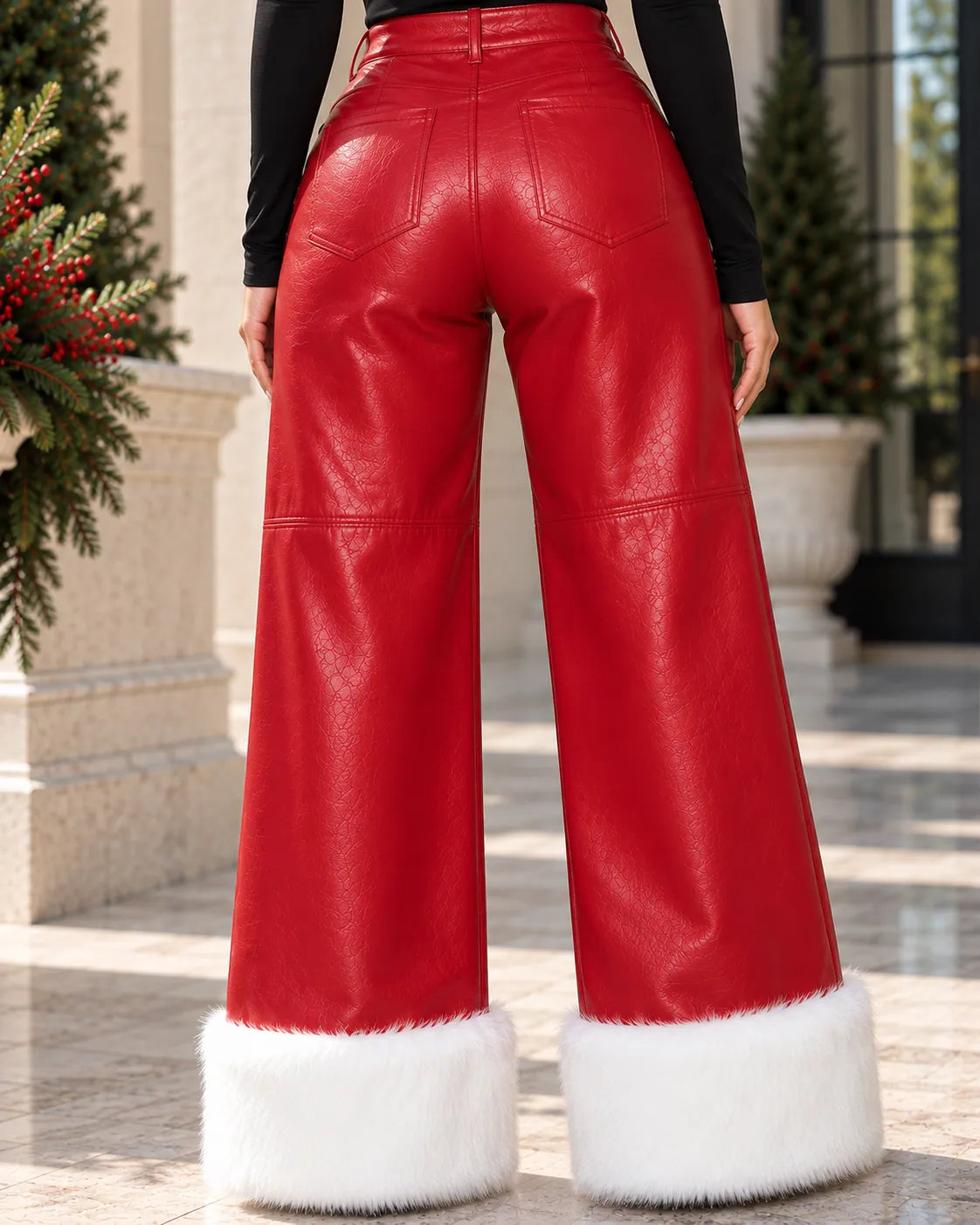 Red high-waisted wide-leg leather Christmas pants with oversized white fur cuffs – view 4