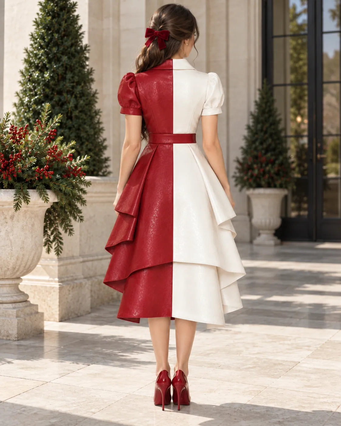 Red and white asymmetric leather Christmas midi dress with puff sleeves, layered skirt and belted waist – view 2