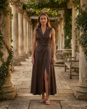 Brown sleeveless leather wrap maxi dress with lapels, belted waist and front slit