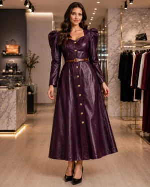 Plum leather maxi dress with puff shoulders, gold-tone buttons, belt and full A-line skirt