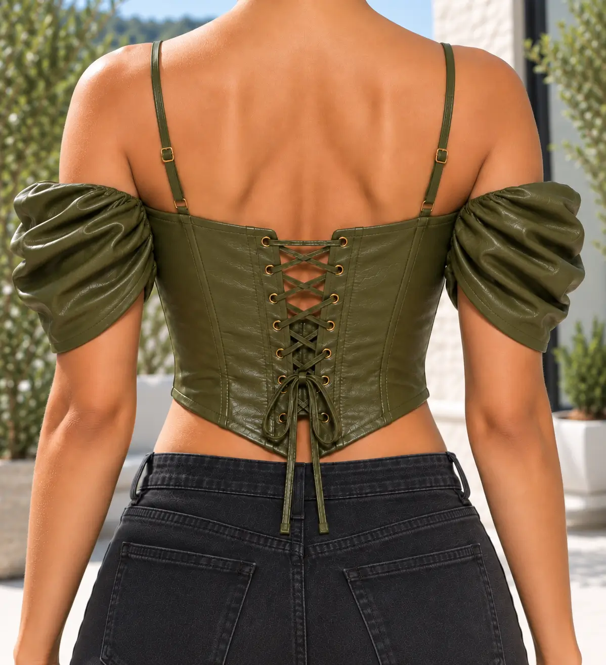 Olive green fitted leather corset top with lace-up detailing, adjustable straps and gathered off-shoulder puff sleeves